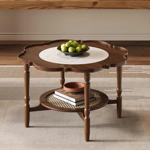 Mid-Century Coffee Table with Petal Shape and Crackle Pattern Glass, Tiered Coffee Table with Rattan Old SKU, Walnut Mid-Century Coffee Table with Petal Shape and Crackle Pattern Glass, Tiered Coffee Table with Rattan Old SKU, Walnut