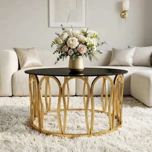Round Coffee Table, Glass Top Center Table with Golden Metal Frame Decorative Circle Tea for Living Decor, Black Round Coffee Table, Glass Top Center Table with Golden Metal Frame Decorative Circle Tea for Living Decor, Black