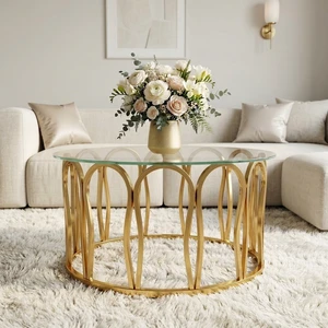 Round Coffee Table, Glass Top Center Table with Golden Metal Frame Decorative Circle Tea for Living Decor, Clear Round Coffee Table, Glass Top Center Table with Golden Metal Frame Decorative Circle Tea for Living Decor, Clear