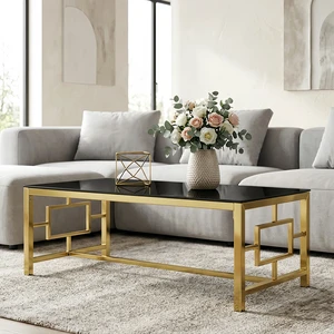 Rectangular Gold Coffee Table, Tempered Glass Top Coffee Table with Interlocking Geometric Metal Frame Glam Center Rectangular Gold Coffee Table, Tempered Glass Top Coffee Table with Interlocking Geometric Metal Frame Glam Center