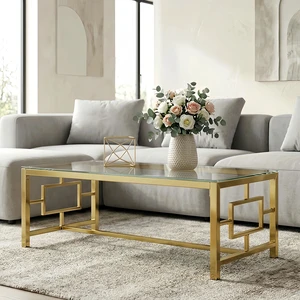 Rectangular Gold Coffee Table, Tempered Glass Top Coffee Table with Interlocking Geometric Metal Frame Glam Center Rectangular Gold Coffee Table, Tempered Glass Top Coffee Table with Interlocking Geometric Metal Frame Glam Center