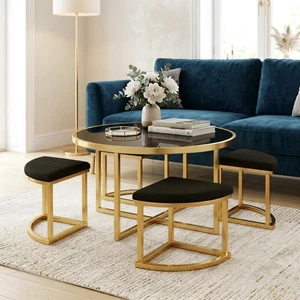 Round Coffee Table Set with Nesting Stools, Tempered Glass Top and Gold Metal Frame Space Saving Cocktail Table Round Coffee Table Set with Nesting Stools, Tempered Glass Top and Gold Metal Frame Space Saving Cocktail Table