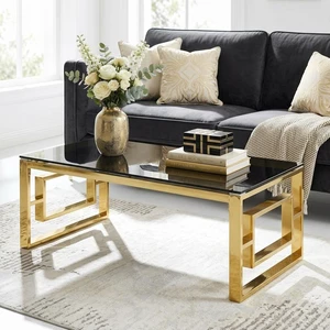 Rectangular Gold Coffee Table, Tempered Glass Top Coffee Table with Geometric Gold Metal Frame Accent Center Rectangular Gold Coffee Table, Tempered Glass Top Coffee Table with Geometric Gold Metal Frame Accent Center