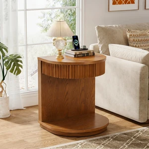 Mid-Century Fluted Curved Side Table with Drawer, Walnut, MDF Mid-Century Fluted Curved Side Table with Drawer, Walnut, MDF