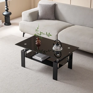 Tempered Black Glass Coffee Table, Layers Tea Table with Metal Legs 100 55 Tempered Black Glass Coffee Table, Layers Tea Table with Metal Legs 100 55