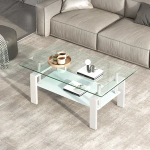 Tempered Clear Glass Coffee Table, Layers Coffee Table Living Center with White Legs 100 55, Transparent Tempered Clear Glass Coffee Table, Layers Coffee Table Living Center with White Legs 100 55, Transparent