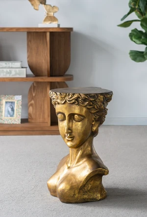 14 13.5 20 Inch Magnesium Side Table with Classical Bust Design, Gold, Magnesium Oxide 14 13.5 20 Inch Magnesium Side Table with Classical Bust Design, Gold, Magnesium Oxide