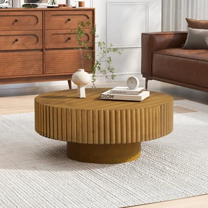 31.5 Inch Round Wood Coffee Table, Fluted Drum Tea Table Retro Circle Center for Living, Natural, Pine 31.5 Inch Round Wood Coffee Table, Fluted Drum Tea Table Retro Circle Center for Living, Natural, Pine