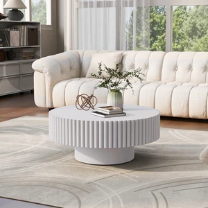 31.5 Inch Round Wood Coffee Table, Fluted Drum Tea Table Retro Circle Center for Living Retro, White, Pine 31.5 Inch Round Wood Coffee Table, Fluted Drum Tea Table Retro Circle Center for Living Retro, White, Pine