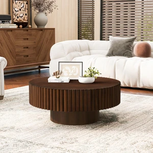 31.5 Inch Round Wood Coffee Table, Fluted Drum Tea Table Retro Circle Center for Living, Walnut, Pine 31.5 Inch Round Wood Coffee Table, Fluted Drum Tea Table Retro Circle Center for Living, Walnut, Pine