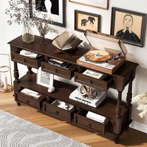 Solid Console Table with 6 Drawers and Shelf, Tier Couch Table for Living Entrance, Espresso, Pine Solid Console Table with 6 Drawers and Shelf, Tier Couch Table for Living Entrance, Espresso, Pine