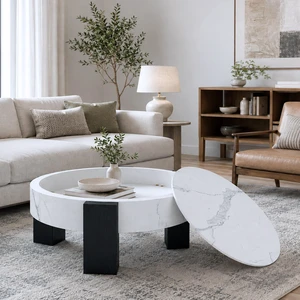33 Inch Round Storage Coffee Table, Marble Grain Coffee Table with Removable Lid Hidden Storage Center with Wood Legs 33 Inch Round Storage Coffee Table, Marble Grain Coffee Table with Removable Lid Hidden Storage Center with Wood Legs