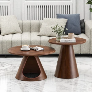 Nesting Coffee Table Set, Round Side Tables with Integrated Cat Cave Bed End with Melamine Wood Grain Top and Carbon Nesting Coffee Table Set, Round Side Tables with Integrated Cat Cave Bed End with Melamine Wood Grain Top and Carbon
