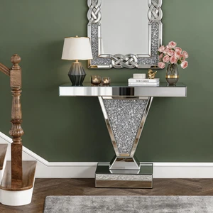 Crushed Diamond Mirrored Console Table, Reflective Glass Entryway Sofa Table Shaped Crystal Inlay Rectangular Accent Crushed Diamond Mirrored Console Table, Reflective Glass Entryway Sofa Table Shaped Crystal Inlay Rectangular Accent