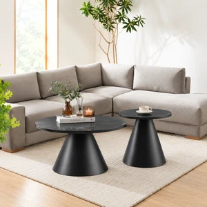 Round Nesting Coffee Table Set, All Side Tables with Wood Grain Top and Carbon Steel Pedestal Base Adjustable Foot Pads Round Nesting Coffee Table Set, All Side Tables with Wood Grain Top and Carbon Steel Pedestal Base Adjustable Foot Pads