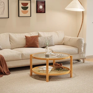 Rattan Coffee Table, 2 Tier Bamboo Coffee Table with Glass Top and PVC Rattan Storage Shelf Round for Living, Natural Rattan Coffee Table, 2 Tier Bamboo Coffee Table with Glass Top and PVC Rattan Storage Shelf Round for Living, Natural
