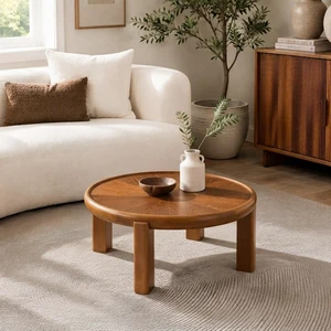33.46 Inch Round Coffee Table with Sunburst Wood Grain Top, Solid Tray Frame and Cylindrical Legs Mid-Century Retro 33.46 Inch Round Coffee Table with Sunburst Wood Grain Top, Solid Tray Frame and Cylindrical Legs Mid-Century Retro
