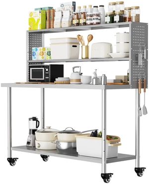 Stainless Steel Table with Adjustable Shelves and Casters, Stainless Steel Work Table with Side Pegboard Panels Stainless Steel Table with Adjustable Shelves and Casters, Stainless Steel Work Table with Side Pegboard Panels