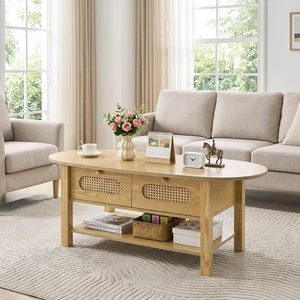 Rattan Coffee Table, Oval Coffee Table with Storage Tie Oval Rattan Design with Two Storage Drawers for Living Bedrooms Rattan Coffee Table, Oval Coffee Table with Storage Tie Oval Rattan Design with Two Storage Drawers for Living Bedrooms