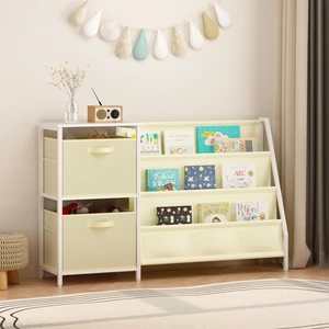 Kids Bookshelf with 3 Tier Front Facing Book Display, Storage Bins and Bottom Cabinet Children Bookcase Organizer Kids Bookshelf with 3 Tier Front Facing Book Display, Storage Bins and Bottom Cabinet Children Bookcase Organizer