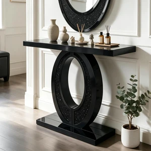 Handcrafted Crushed Diamond Mirrored Console Table, High Scenario Entryway Table, Black, MDF and Glass Handcrafted Crushed Diamond Mirrored Console Table, High Scenario Entryway Table, Black, MDF and Glass