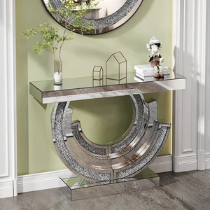 Shaped Crushed Diamond Table for Hotel Mirrored Centre Diamond Console Table for Living, Silver, MDF and Glass Shaped Crushed Diamond Table for Hotel Mirrored Centre Diamond Console Table for Living, Silver, MDF and Glass
