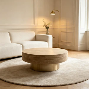 31.88 Inch Round Travertine Coffee Table, Drum Coffee Table with Gold Metal Pedestal Base Textured Circular Center 31.88 Inch Round Travertine Coffee Table, Drum Coffee Table with Gold Metal Pedestal Base Textured Circular Center