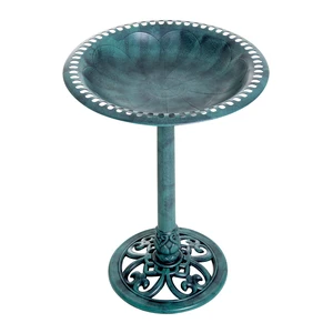 28 Inch Bird Bath Outdoor Resin Decor with Fleur Lis Pattern, Time Worn Finish, Green, Plastic 28 Inch Bird Bath Outdoor Resin Decor with Fleur Lis Pattern, Time Worn Finish, Green, Plastic