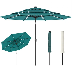 9.7 ft Outdoor Patio Umbrella with Solar LED Lights, 3 Tier Outdoor Table Market Umbrella with Tilt and Crank Ribs 9.7 ft Outdoor Patio Umbrella with Solar LED Lights, 3 Tier Outdoor Table Market Umbrella with Tilt and Crank Ribs