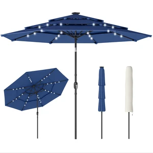 9.7 ft Outdoor Patio Umbrella with Solar LED Lights, 3 Tier Outdoor Table Market Umbrella with Tilt and Crank Ribs 9.7 ft Outdoor Patio Umbrella with Solar LED Lights, 3 Tier Outdoor Table Market Umbrella with Tilt and Crank Ribs