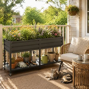 2 Tier Elevated Metal Wicking Garden Bed with Lockable Wheels and Storage Shelf, Staggered Self Watering Planter Built 2 Tier Elevated Metal Wicking Garden Bed with Lockable Wheels and Storage Shelf, Staggered Self Watering Planter Built
