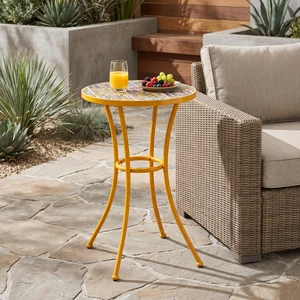 Outdoor Side Table with Tile Mosaic Table Top and Metal Legs, Yellow, Ceramic Tile and Iron Outdoor Side Table with Tile Mosaic Table Top and Metal Legs, Yellow, Ceramic Tile and Iron