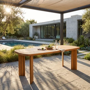 71 Inch Outdoor Dining Table, Teak Finish Rounded End Rectangular Patio Wooden Table for Garden Deck Poolside, Teak 71 Inch Outdoor Dining Table, Teak Finish Rounded End Rectangular Patio Wooden Table for Garden Deck Poolside, Teak