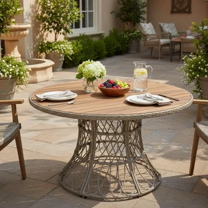 Outdoor Dining Table Round Wood Top and Wicker Base, Patio Table for 4 Garden Outdoor Furniture Compatible Outdoor Dining Table Round Wood Top and Wicker Base, Patio Table for 4 Garden Outdoor Furniture Compatible