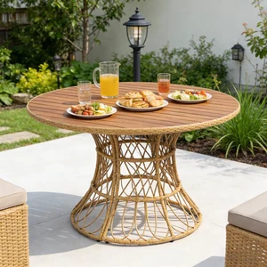 Outdoor Dining Table Round Wood Top and Wicker Base, Teak Finish Patio Table for 4 Garden Outdoor Furniture Compatible Outdoor Dining Table Round Wood Top and Wicker Base, Teak Finish Patio Table for 4 Garden Outdoor Furniture Compatible