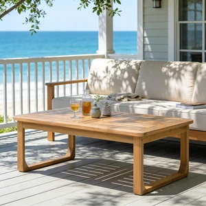 Outdoor Coffee Table, Rectangular Patio Table with Curved Legs Teak Finish Weather Resistant Design for Deck Garden Outdoor Coffee Table, Rectangular Patio Table with Curved Legs Teak Finish Weather Resistant Design for Deck Garden