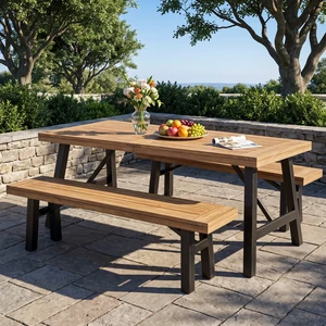 Outdoor Dining Set with Benches and Dining Table 3 pcs, Grey Black, Acacia Wood, Patio Furniture Sets Outdoor Dining Set with Benches and Dining Table 3 pcs, Grey Black, Acacia Wood, Patio Furniture Sets
