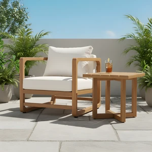 Lounge Chair with Cushions and Cross Stretcher Side Table Set, Acacia Wood, Patio Furniture Sets Lounge Chair with Cushions and Cross Stretcher Side Table Set, Acacia Wood, Patio Furniture Sets