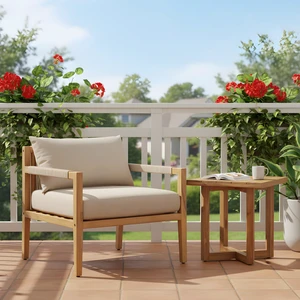 Elegance Set Rope Chair with Cross Stretcher Side Table, Acacia Wood, Patio Furniture Sets Elegance Set Rope Chair with Cross Stretcher Side Table, Acacia Wood, Patio Furniture Sets