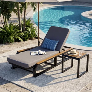 3 Piece Adjustable Position Outdoor Chaise Lounge Set with Grey Cushion and Side Table, Patio Reclining Lounger 3 Piece Adjustable Position Outdoor Chaise Lounge Set with Grey Cushion and Side Table, Patio Reclining Lounger