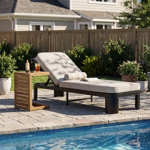 Outdoor Chaise Lounge Set with Side Table, Position Adjustable Patio Recliner, Beige Black Brown, Acacia Wood Outdoor Chaise Lounge Set with Side Table, Position Adjustable Patio Recliner, Beige Black Brown, Acacia Wood