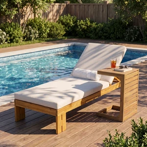 Outdoor Chaise Lounge with Shaped Side Table, Position Adjustable Backrest, Beige Brown Teak, Acacia Wood and Fabric Outdoor Chaise Lounge with Shaped Side Table, Position Adjustable Backrest, Beige Brown Teak, Acacia Wood and Fabric