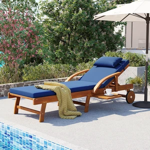 77.5 Inch Adjustable Outdoor Lounge Chair Wood Frame with Cushions, Reclining Backrest and Leg Rest Headrest 77.5 Inch Adjustable Outdoor Lounge Chair Wood Frame with Cushions, Reclining Backrest and Leg Rest Headrest