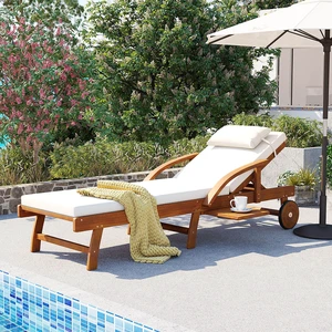 77.5 Inch Adjustable Outdoor Lounge Chair Wood Frame with Cushions, Reclining Backrest and Leg Rest Headrest 77.5 Inch Adjustable Outdoor Lounge Chair Wood Frame with Cushions, Reclining Backrest and Leg Rest Headrest