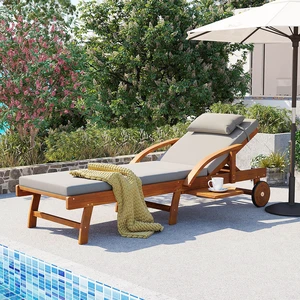 77.5 Inch Adjustable Outdoor Lounge Chair Wood Frame with Cushions, Reclining Backrest and Leg Rest Headrest 77.5 Inch Adjustable Outdoor Lounge Chair Wood Frame with Cushions, Reclining Backrest and Leg Rest Headrest