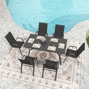 7 Piece Outdoor Patio Dining Set, Inchx 38 Inch Rectangular Wood Grain Metal Table Umbrella Hole Ergonomic Chairs 350 7 Piece Outdoor Patio Dining Set, Inchx 38 Inch Rectangular Wood Grain Metal Table Umbrella Hole Ergonomic Chairs 350