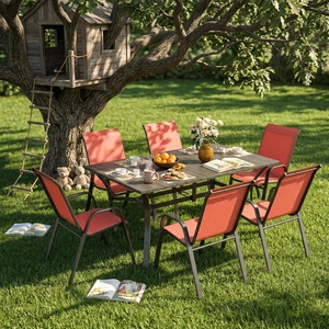 7 Piece Outdoor Patio Dining Set, Inchx 38 Inch Rectangular Wood Grain Metal Table Umbrella Hole Ergonomic Chairs 350 7 Piece Outdoor Patio Dining Set, Inchx 38 Inch Rectangular Wood Grain Metal Table Umbrella Hole Ergonomic Chairs 350