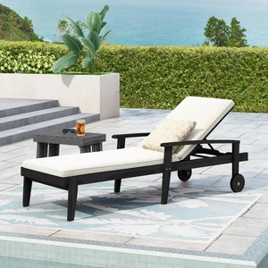 Chaise Lounge, Black White, Acacia Wood, Patio Seating Chaise Lounge, Black White, Acacia Wood, Patio Seating