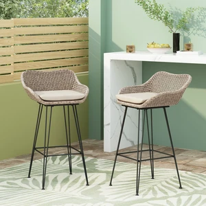 29.25 Inch Outdoor Wicker and Iron Low Back Barstools, Mixed Set, Mixed Light Brown, PE Rattan, Iron and Waterproof 29.25 Inch Outdoor Wicker and Iron Low Back Barstools, Mixed Set, Mixed Light Brown, PE Rattan, Iron and Waterproof