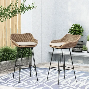 29.25 Inch Outdoor Wicker and Iron Low Back Barstools, Beige Cushion Set, Brown, PE Rattan, Iron and Waterproof Fabric 29.25 Inch Outdoor Wicker and Iron Low Back Barstools, Beige Cushion Set, Brown, PE Rattan, Iron and Waterproof Fabric